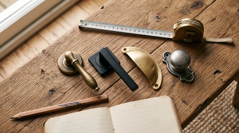 Architectural ironmongery in a variety of finishes laid out for comparison, helping with buying decisions